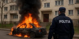 O mașină a MAI, incendiată la Călărași chiar în fața Secției de Poliție