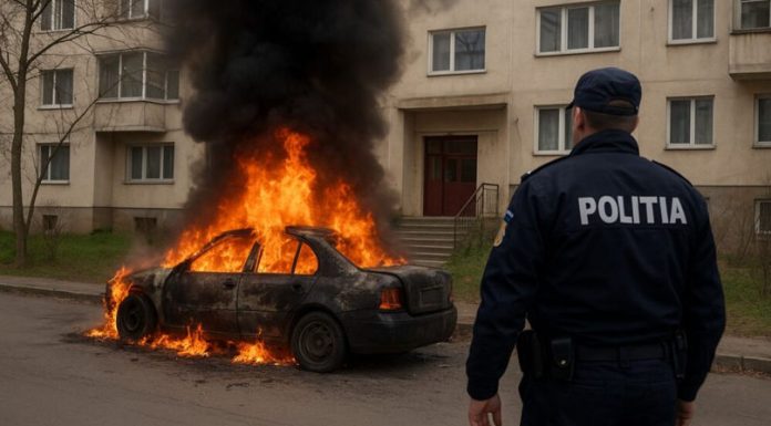 O mașină a MAI, incendiată la Călărași chiar în fața Secției de Poliție