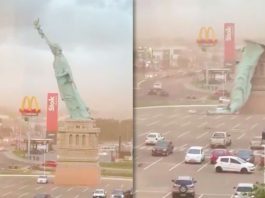 Imagini dramatice din Brazilia: Statua Libertății, doborâtă de vânt puternic